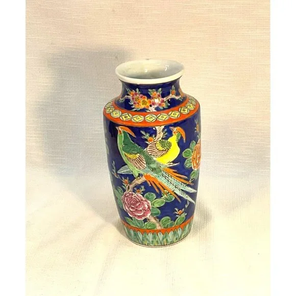 Incredible Royal Cobalt Japanese Vintage Tall Vase With Pheasants Chinoiserie